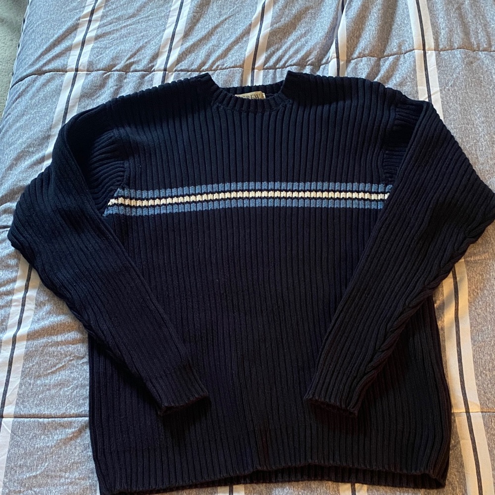 J. Crew Men's Navy Blue Ribbed Crewneck Sweater with White and Light Blue Stripe